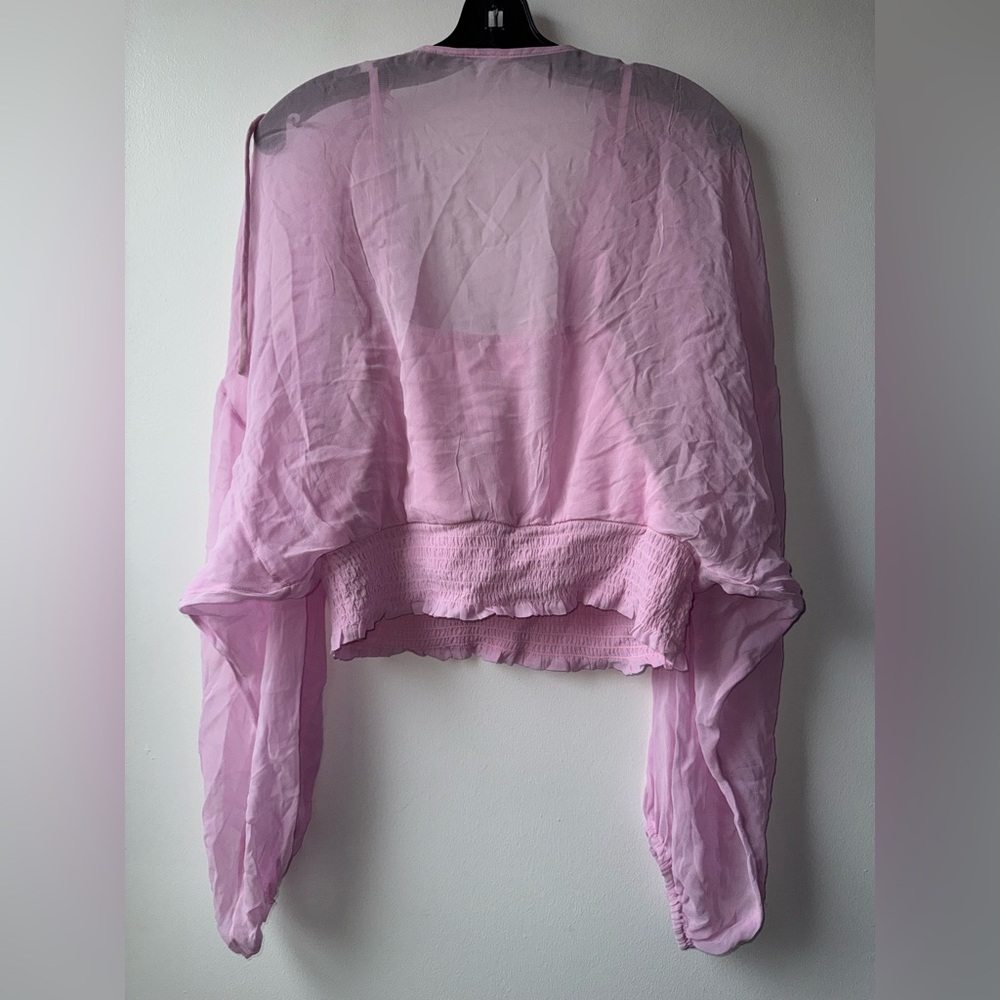Anthropologie Pale Lilac Sheer Peasant Blouse with Smocked Waist - Picture 5 of 14